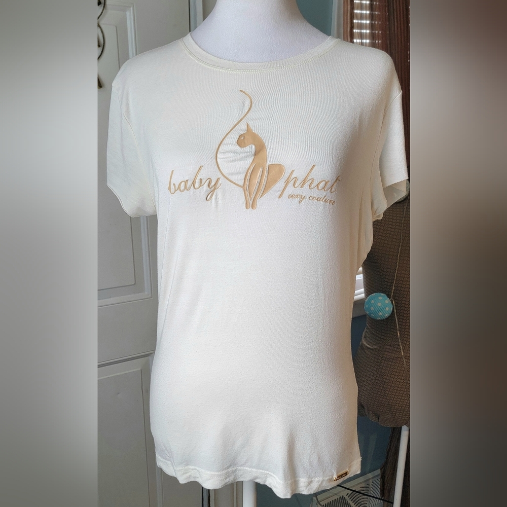 Y2K Vintage Baby Phat Graphic Screen Print Logo Babydoll Tee Womens XL Cream Tan